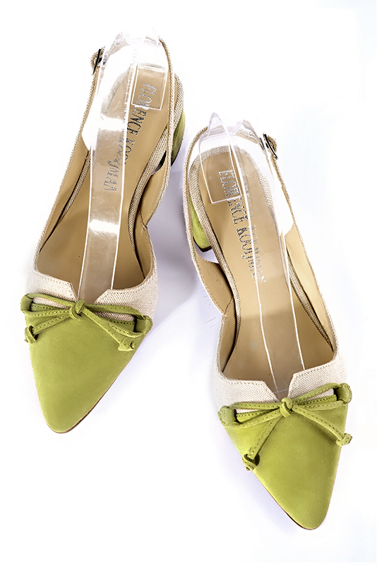 Pistachio green and natural beige women's open back shoes, with a knot. Tapered toe. Low flare heels. Top view - Florence KOOIJMAN